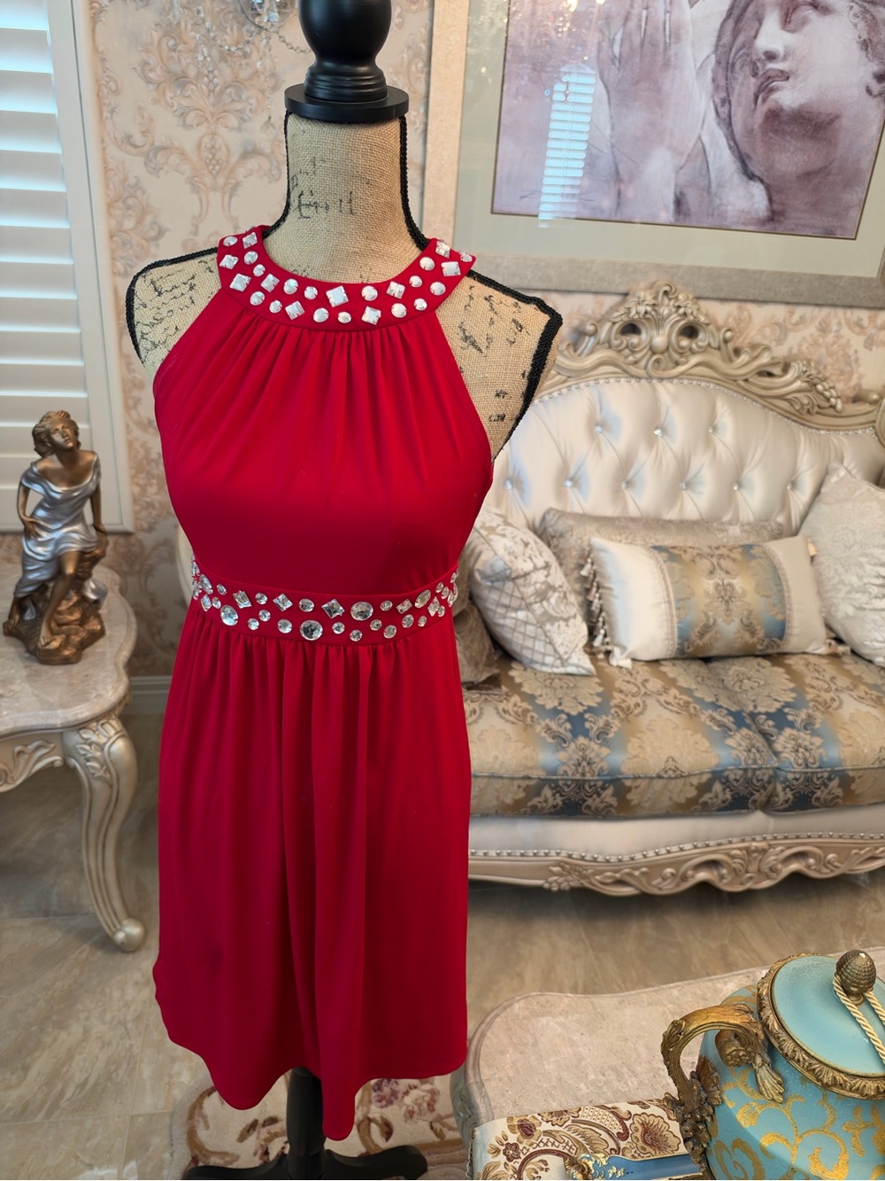 Boston Proper Red Jeweled Halter Cocktail Dress